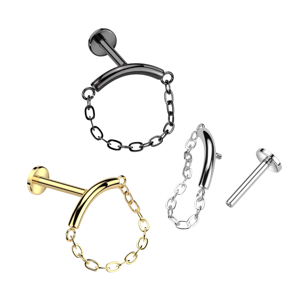 16G Titanium Internally Threaded Labret W/ Chain Linked Curved Bar For Hidden Helix Piercings